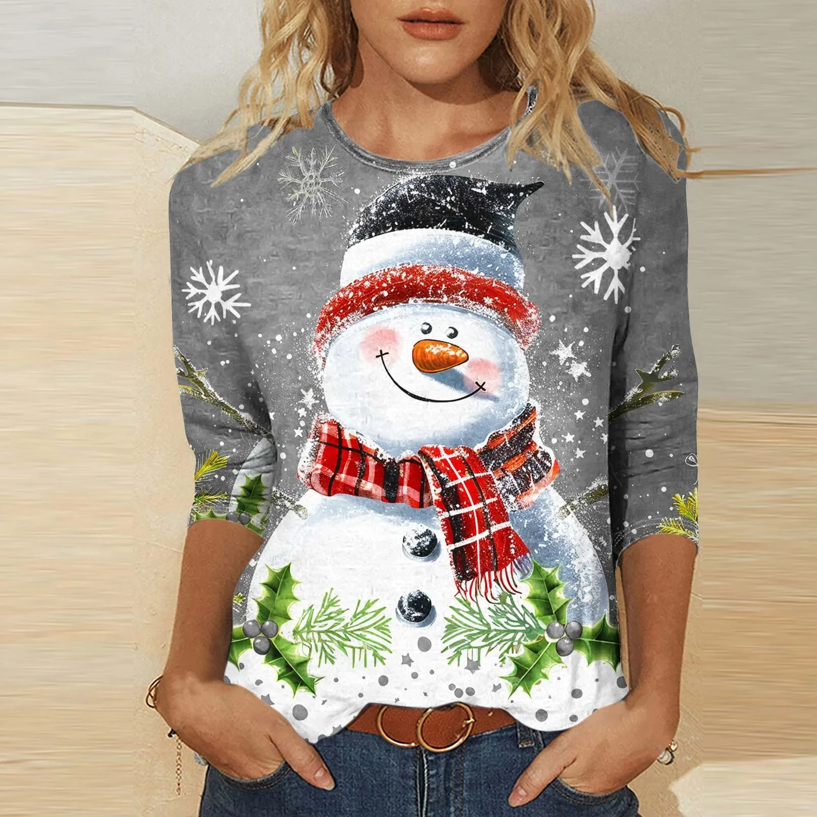 Women's 3D Christmas Snowflake Snowman Print Round Neck Long Sleeve T-shirt Casual Long Sleeve Top Trendy Loose Women's Top