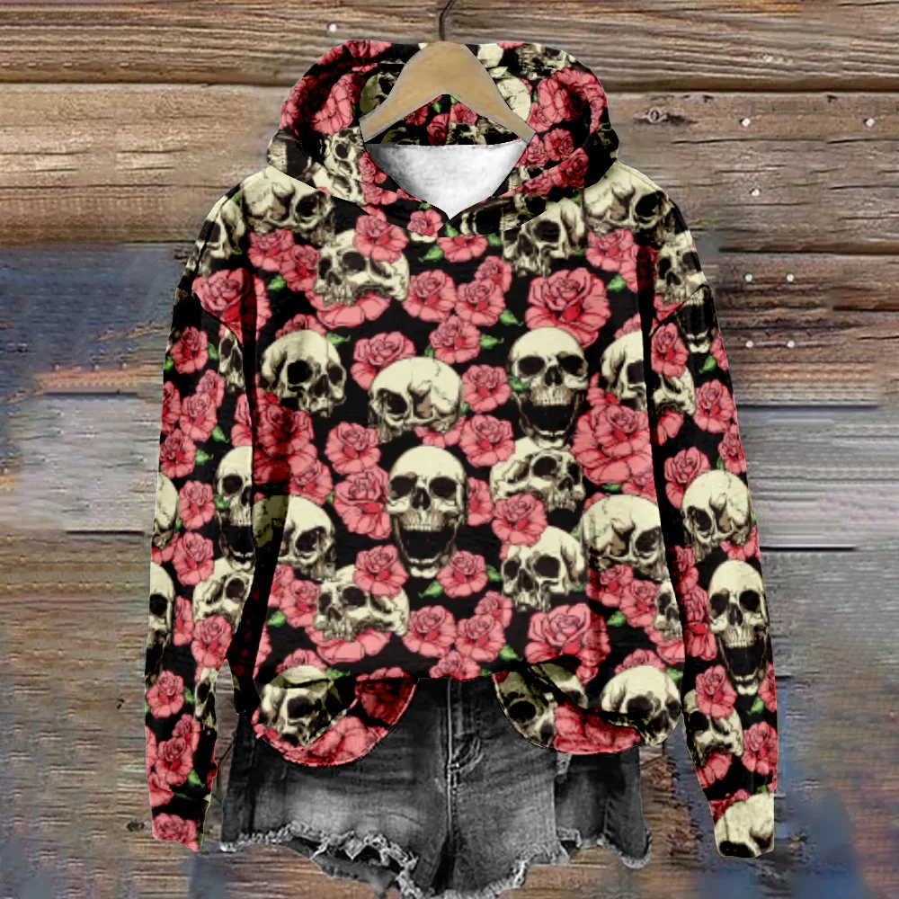 Women Hoodie Cool Skull Print Pullover Fashion Harajuku Long Sleeve Sweatshirt Streetwear