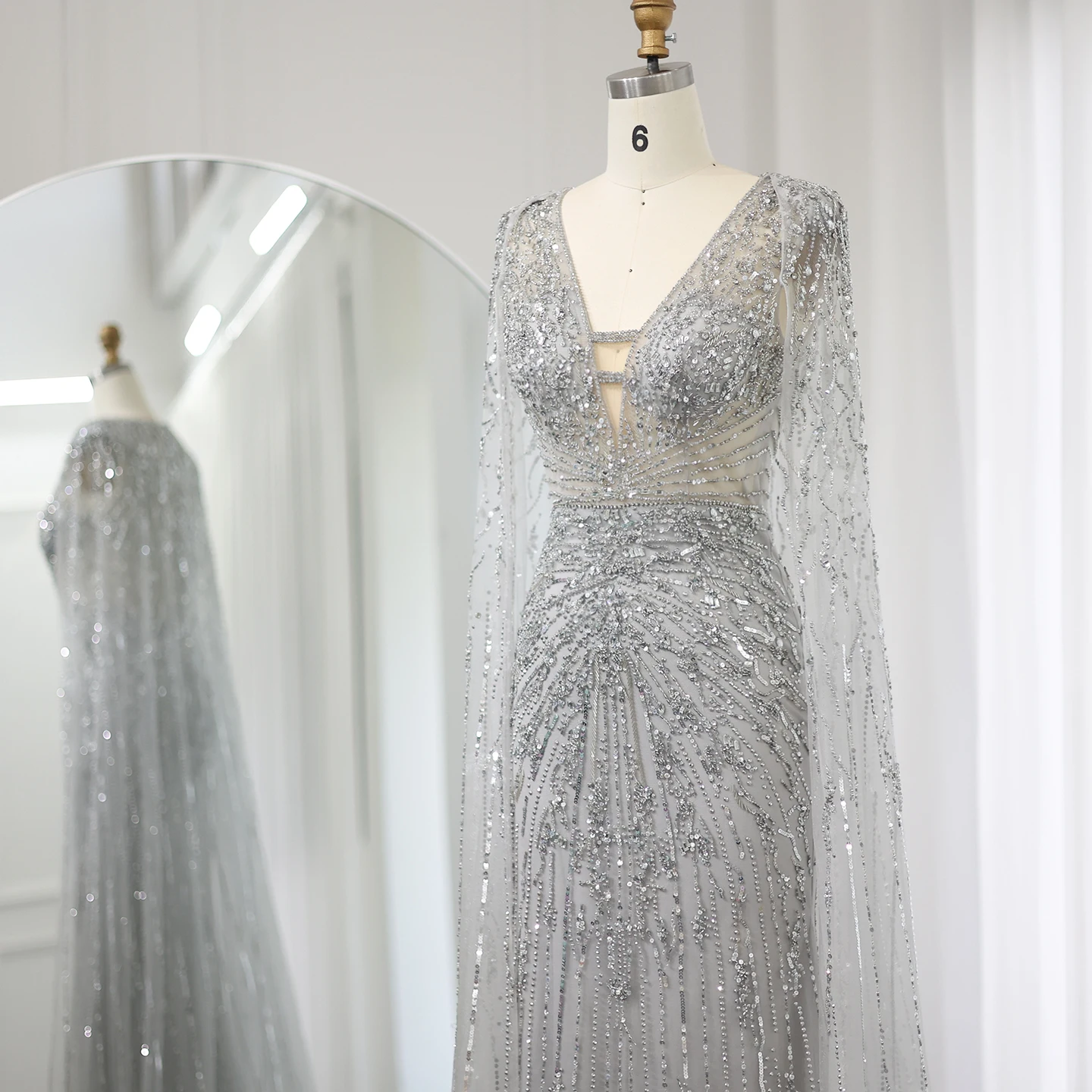 Sharon Said-Robe de Soirée de Forme Sirène Luxueuse et Argentée, Tenue de Mariage avec Cape, Col en V, Turquoise, SS397