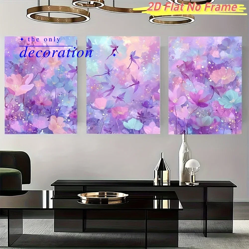 2D Flat, 2D Flat, 3pcs Frameless 2DFLAT Purple Pink Dragonfly And Wildflower Triptych Art Decor Canvas Painting, Fashion Styl