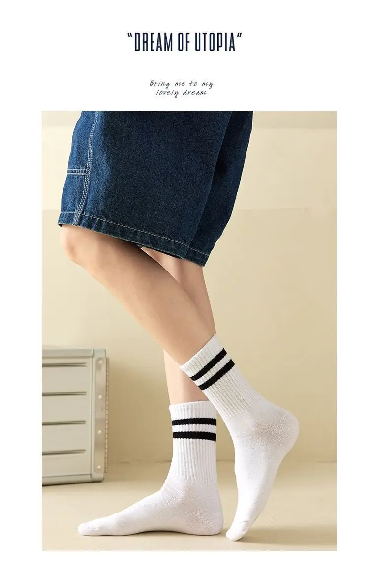 10 Paar gestreifte Baumwollsocken für Damen, atmungsaktiv, bequem, Sportsocken, schweißabsorbierend, modische schwarz-weiße Socken – Detail 6