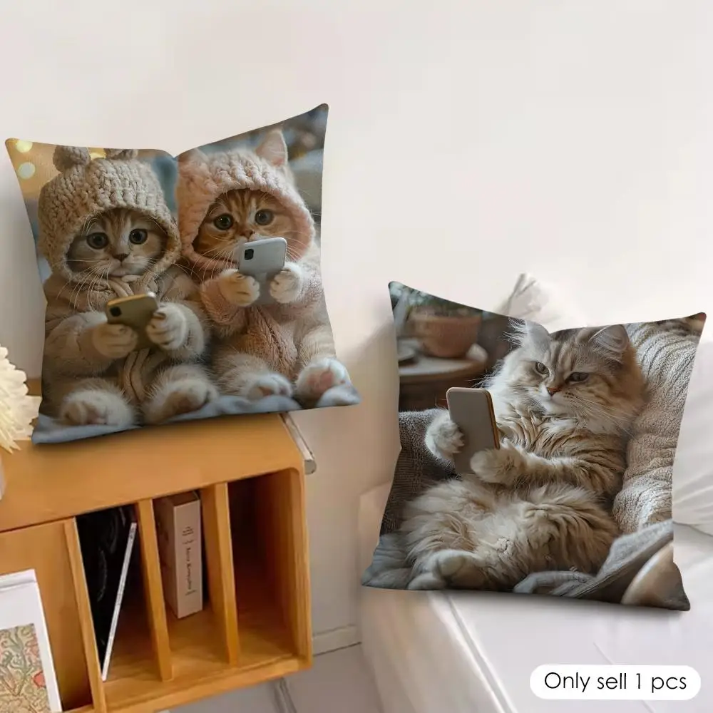 Cute cat holding phone Cushion Cover Silky Short Plush Invisible Zipper Dustproof Sofa Pillow Case for Home Decor
