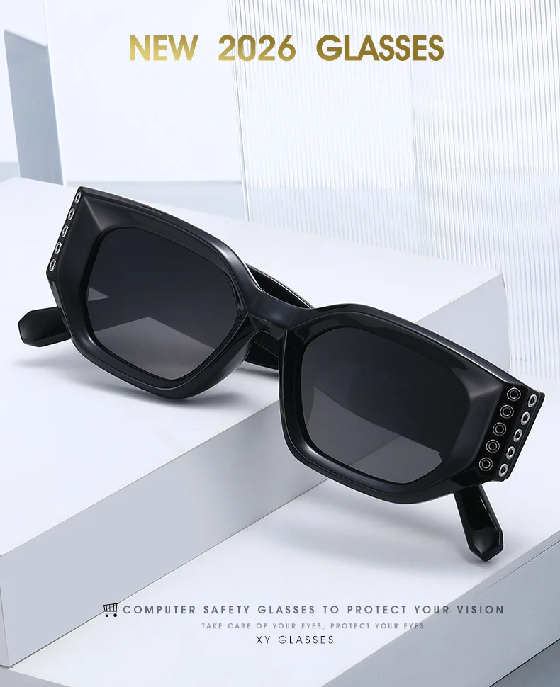 2026 Kleine Rechteckige Sonnenbrille für Damen mit Kreisverzierung, Europäischer Hip-Hop-Stil, Modische Straßenmode, UV400-Schutz – Detail 1