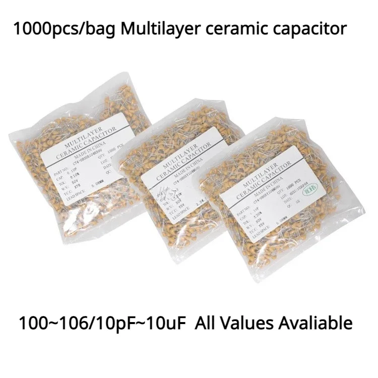 1000pcs Monolithic Multilayer ceramic capacitor 50V 100~106 10pF~10uF 102 103 104 105pF 1 22 33 47 68 100 nF 0.01 0.1 uF P5.08mm