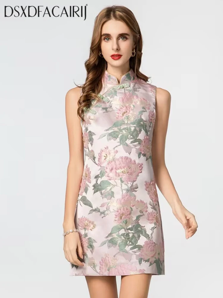 

DSFACAIRIJ Vintage Discoid Button Stand Collar Sleeveless Beaded Jacquard Mini Dress for Women Fashion Summer