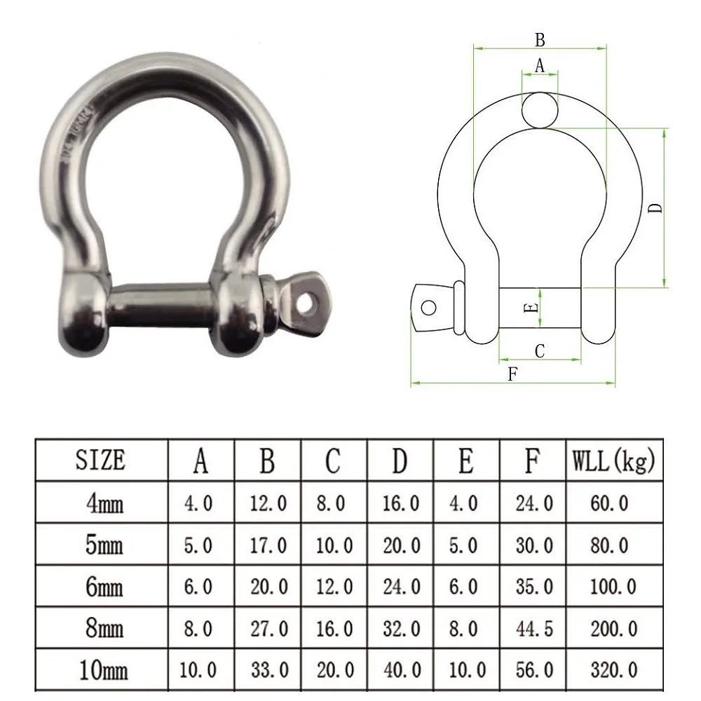 1PCS 304 Stainless Steel Safety Bolt Type Anchor Shackle 4mm 5mm 6mm 8mm 10mm Mini Large Rigging Hardware Boat Rope Shackles