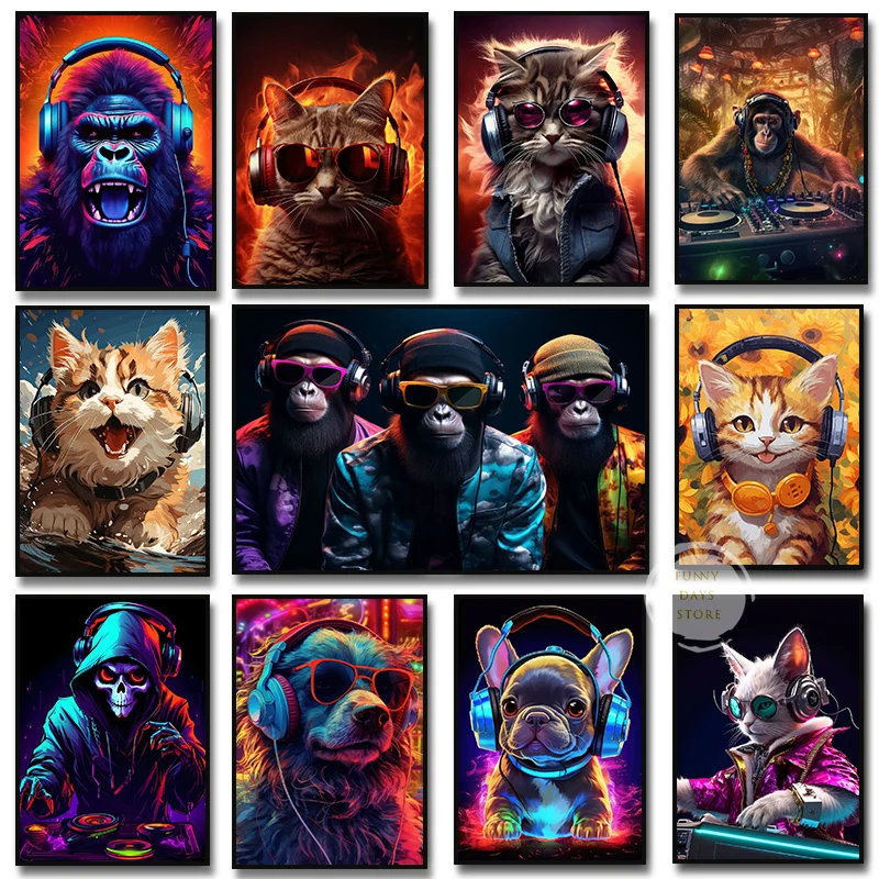 Neon Orangutan Cat Dog Jesus Skull Wearing Headphone Animal Pictures DJ Music Poster Canvas Painting Wall Art Home Room Decor