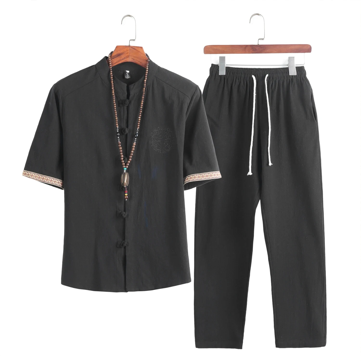 Linen Two piece set Mens(Jogger Shirts+Long Pants)Streetwear Male Chinese Style Tracksuit Casual Tang Suit Loose Kungfu Trousers