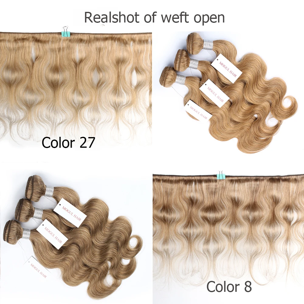 MOGULHAIR สี8 Ash สีบลอนด์27น้ำผึ้งสีบลอนด์อินเดีย Body Wave ผมสาน2/3/4 Remy เส้นผมมนุษย์ Extension