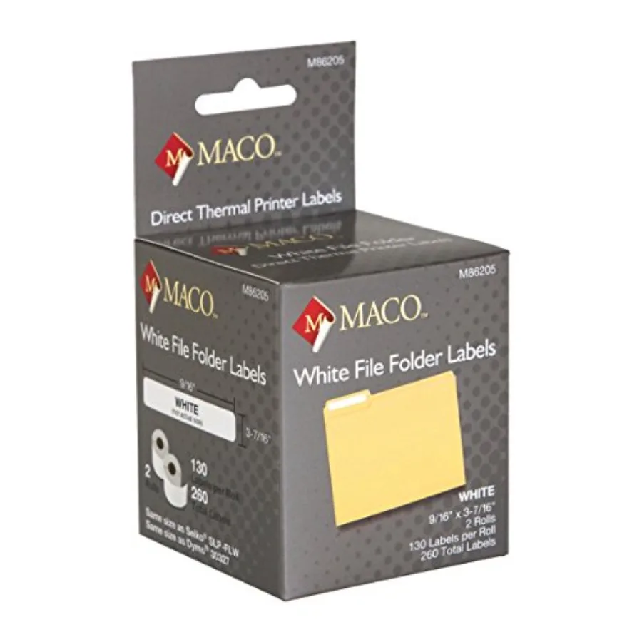 

Direct Thermal Printer White File Folder Labels 9/16 x 3-7/16 Inches 130 Per Roll 260 Per Box M86205