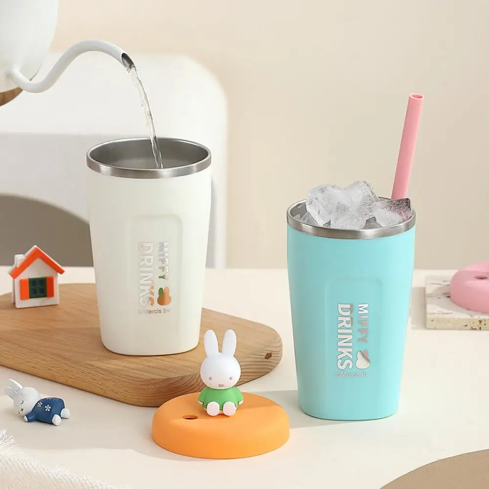 Nijntje 304 roestvrijstalen waterbeker Student theestrobeker, kantoormedewerker Kawaii draagbare koffiekop met deksel