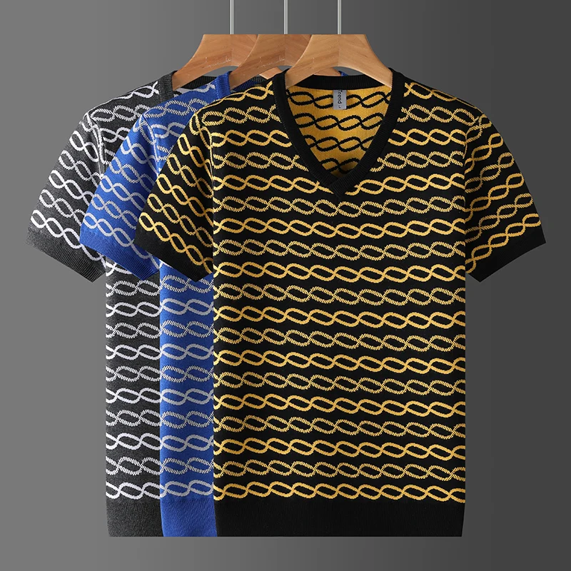 

Pullovers Knitwear V-Neck Men Sweater Short Sleeve Viscose Blends Autumn High Quality Soft Comfortable Elastic Sueters De Hombre