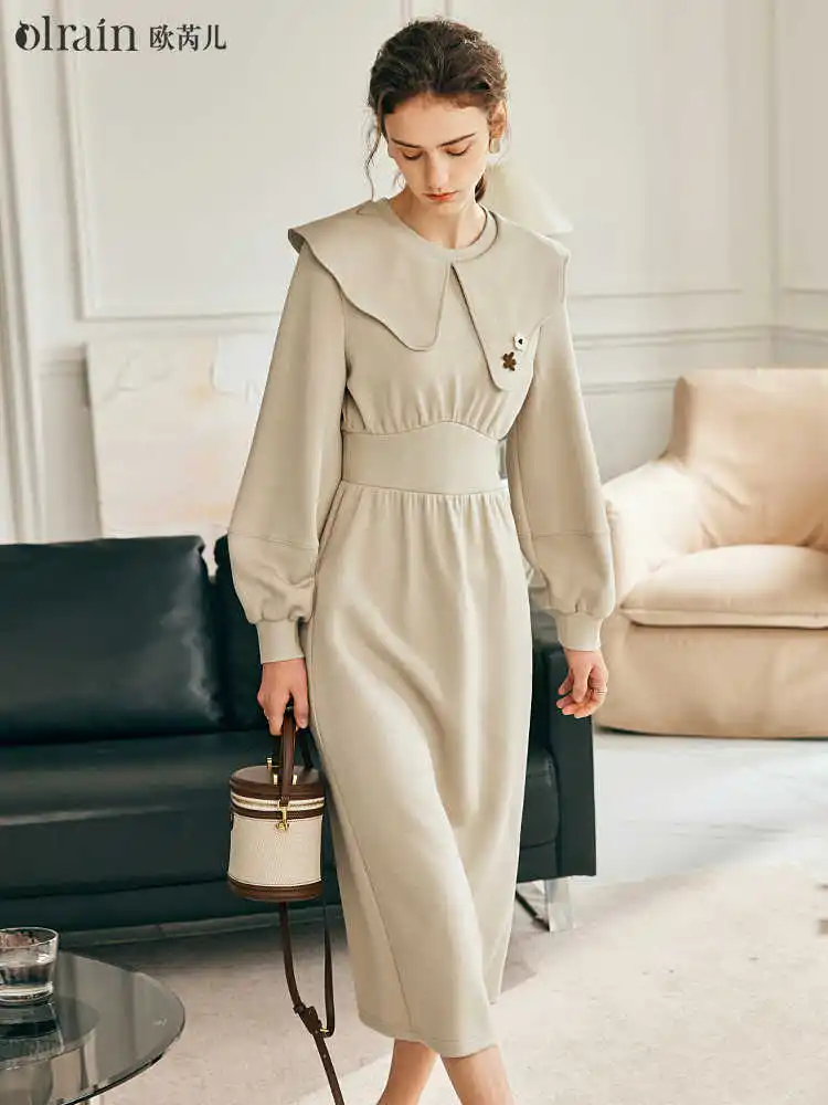 

OLrain French Style Long Dresses for Women 2025 A-line Mocha Apricot Irregular Lapel Lantern Sleeve Slim Waist Dress O23CL69335