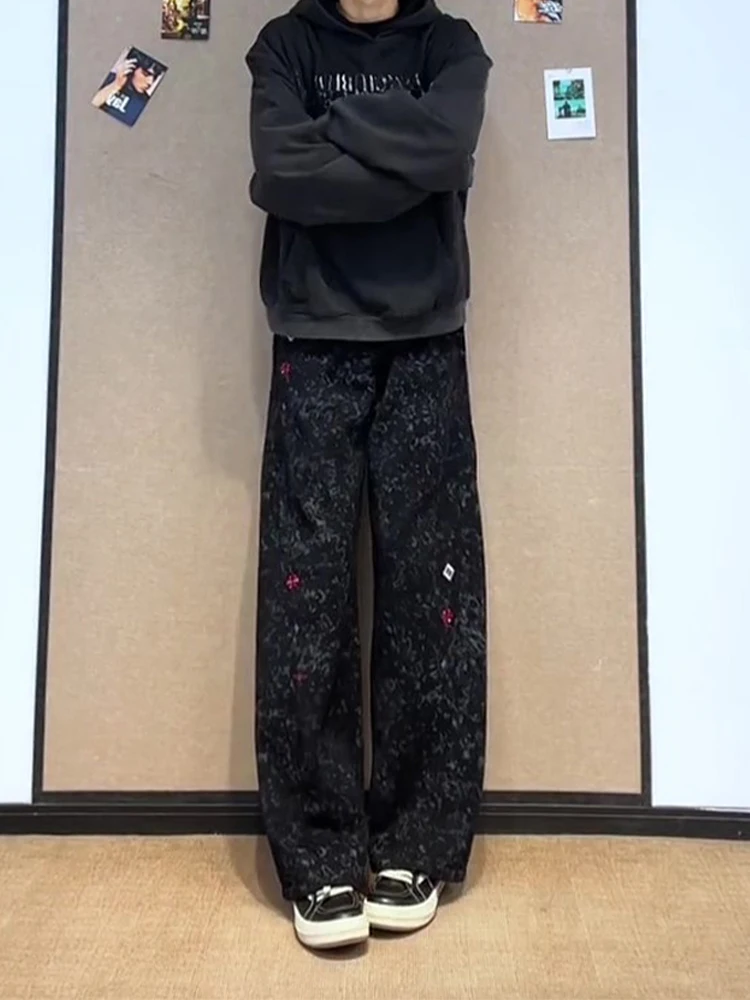 

Bla Tie Dye Bent Knife Pants Men's Winter Fce Loose Straight Casual Trousers American Sle Cool Design Loose Fit Jeans