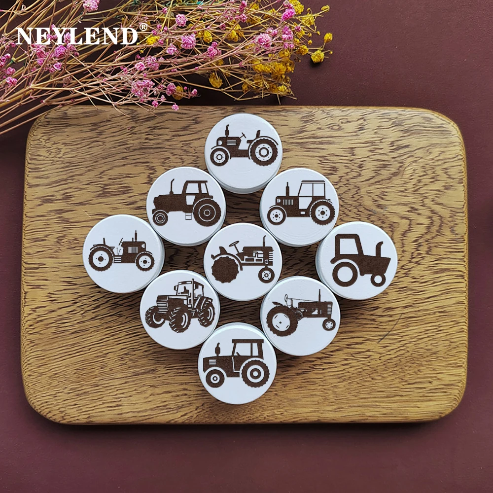Wooden Engraved Farm Tractor White Dresser Drawer Knobs Cabinet Pulls Nature Wood Kids Pulls Children Furniture Handles