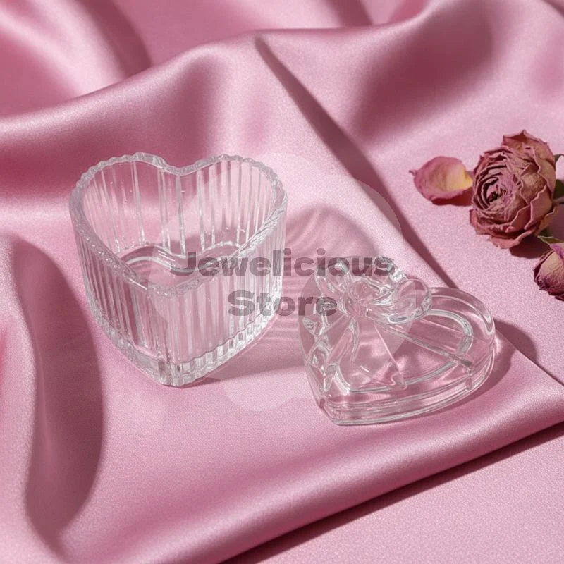 Clear Glass Heart Shaped Jewelry Storage Box Bow Lid For Vanity Table Storing