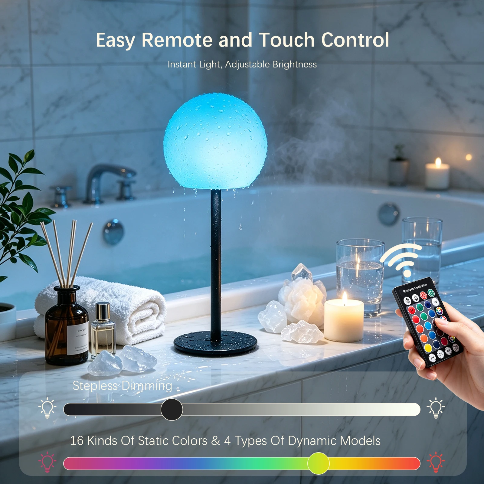 Dimmable Spherical RGB Table Lamp, IP54 Waterproof Mood Light with Remote Timer, 16 Static Colors & Dynamic Modes Rechargeable