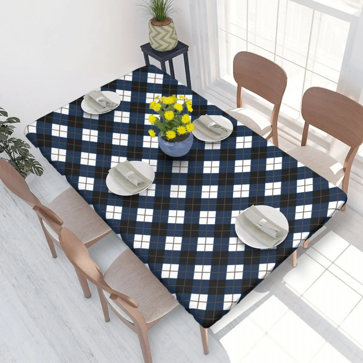 Custom Rectangular Blue And Black Argyle Pattern Table Cloth Waterproof Tablecloth Outdoor 4FT Table Cover