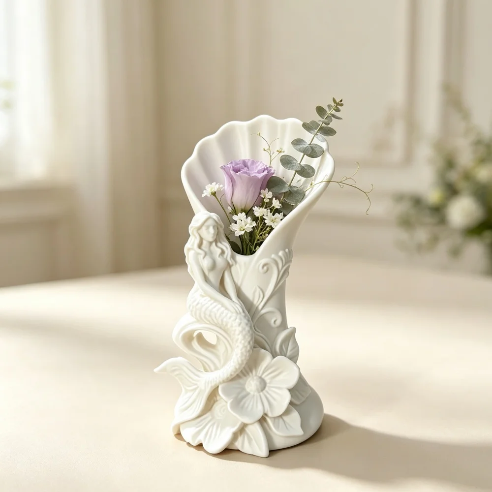 3D Printed Mermaid Figurine Vase White Shell Shape Floral Holder Living Room Tabletop Home Decor Accent