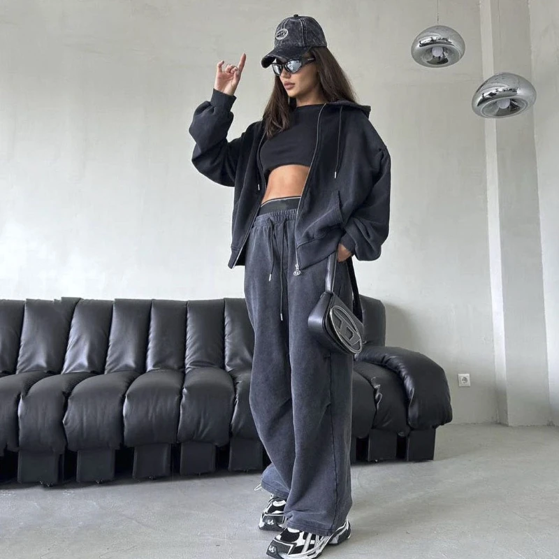 

Vintage Wash Unique Hooded Sweatshirt Set For Women Loose And Slimming Sweatpants Female Navel Baring Top Two Piece