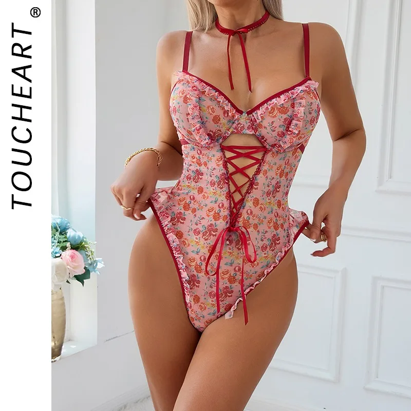 

Toucheart Sexy Women Lace Backless Interesting Babydoll Bodysuit Wrap Dress High Waisted Printing Bow Knot Babydoll Bodysuit