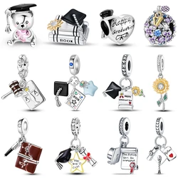 100% 925 Sterling Silver Graduation Season Series Owl Bachelor's Hat Charms Beads Fit Pandora 925 Original Bracelets DIY Jewelry