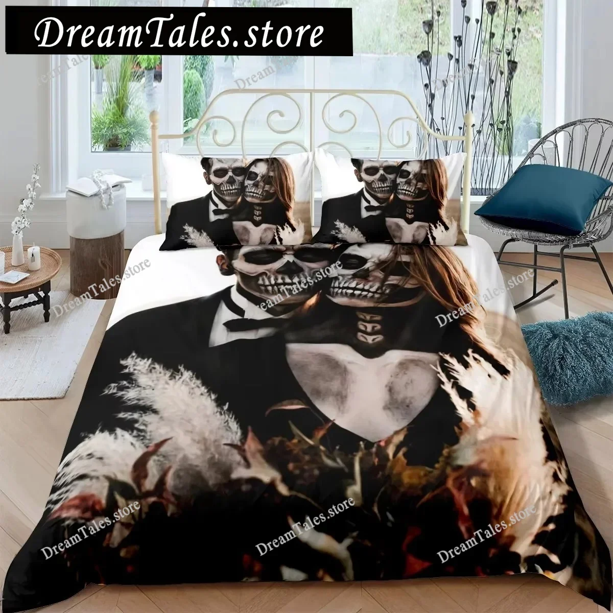 Skeleton King Queen Duvet Cover Skull Bedding Set for Kids Teens Adults Halloween Bedroom Decor Soft Comforter Cover Pillowcases