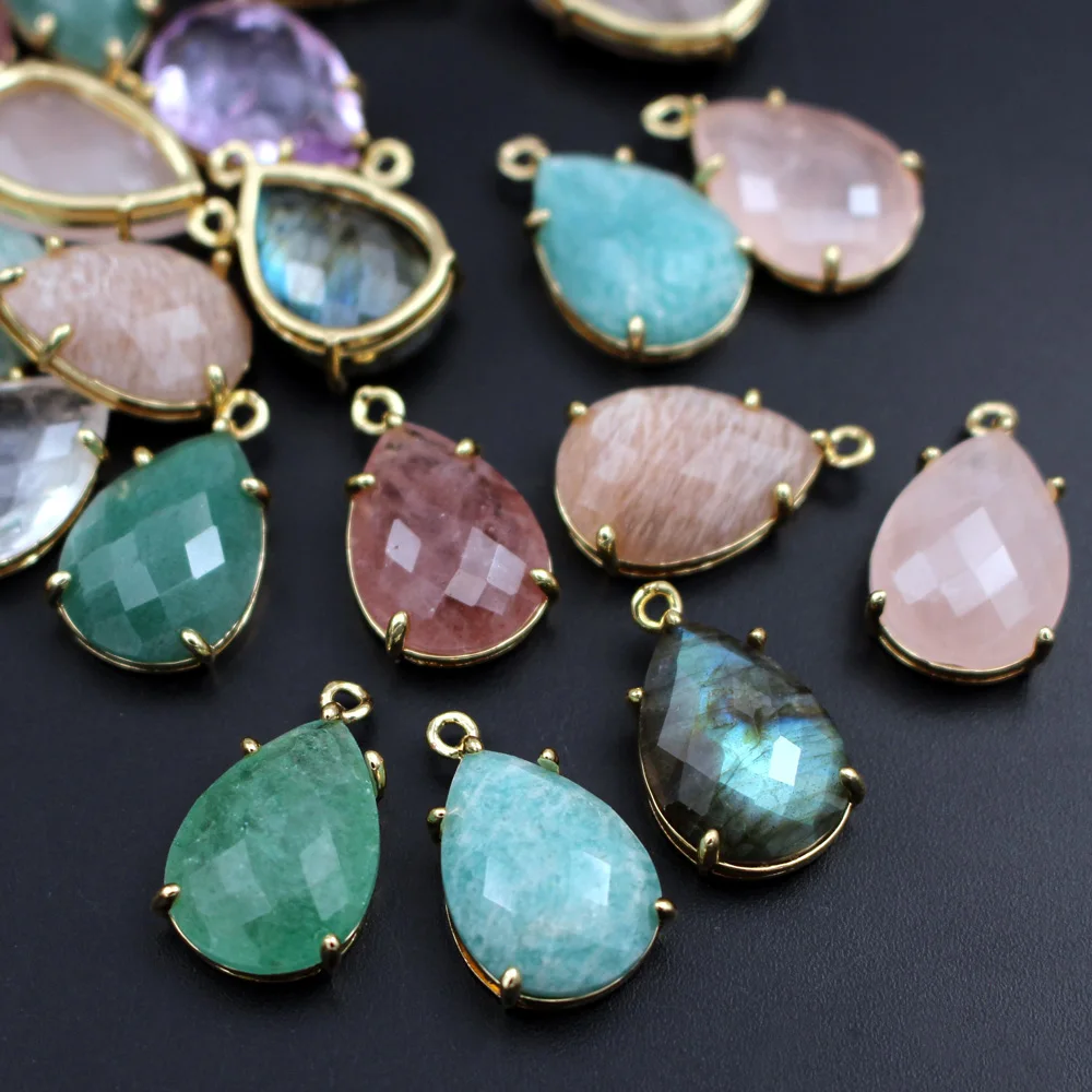 10pcs 21mm Gold Plated Faceted Teardrop Natural Stone Pendants Labradorite Amazonite Green Quartz Drops Charms Jewelry DIY