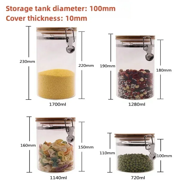 1pcs Stainless Steel Buckle Glass with Bamboo Lid Food Sealed Jar Candy Grains Household Kitchen Organizer and Storage Container