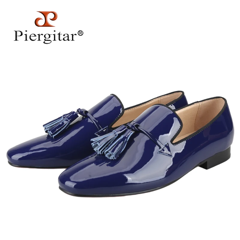 

Piergitar 2024 New Model Royal Blue And Black Patent Leather Men's Tassels Shoes For Fashion Party Handmade Slip-On Loafers