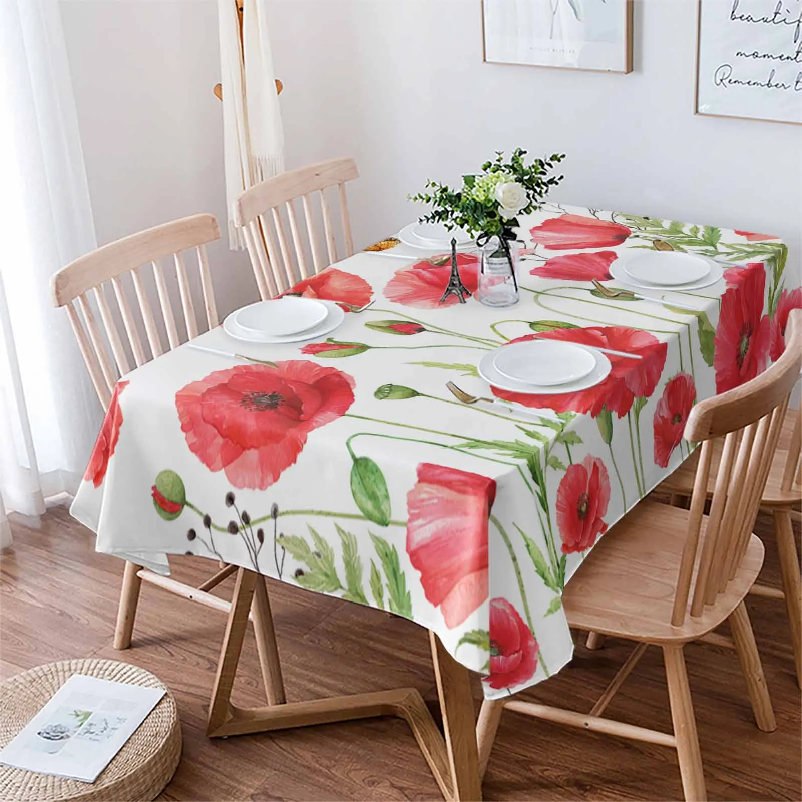 Red Retro Watercolor Poppy Flower Waterproof Tablecloth For Table Kitchen Decorative Coffee Cuisine Party Table Cover