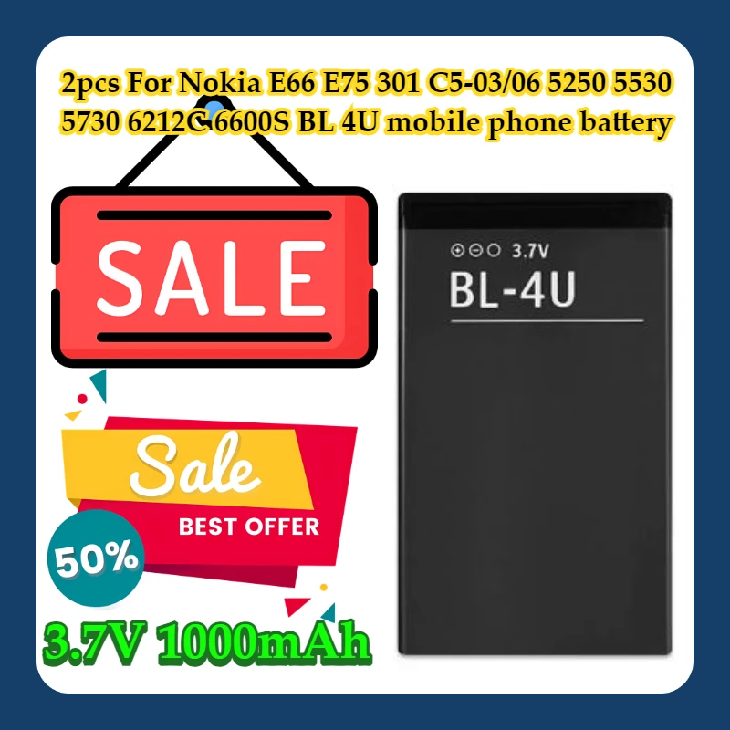 

2pcs For Nokia E66 E75 301 C5-03/06 5250 5530 5730 6212C 6600S BL 4U 3.7V 1000mAh mobile phone battery