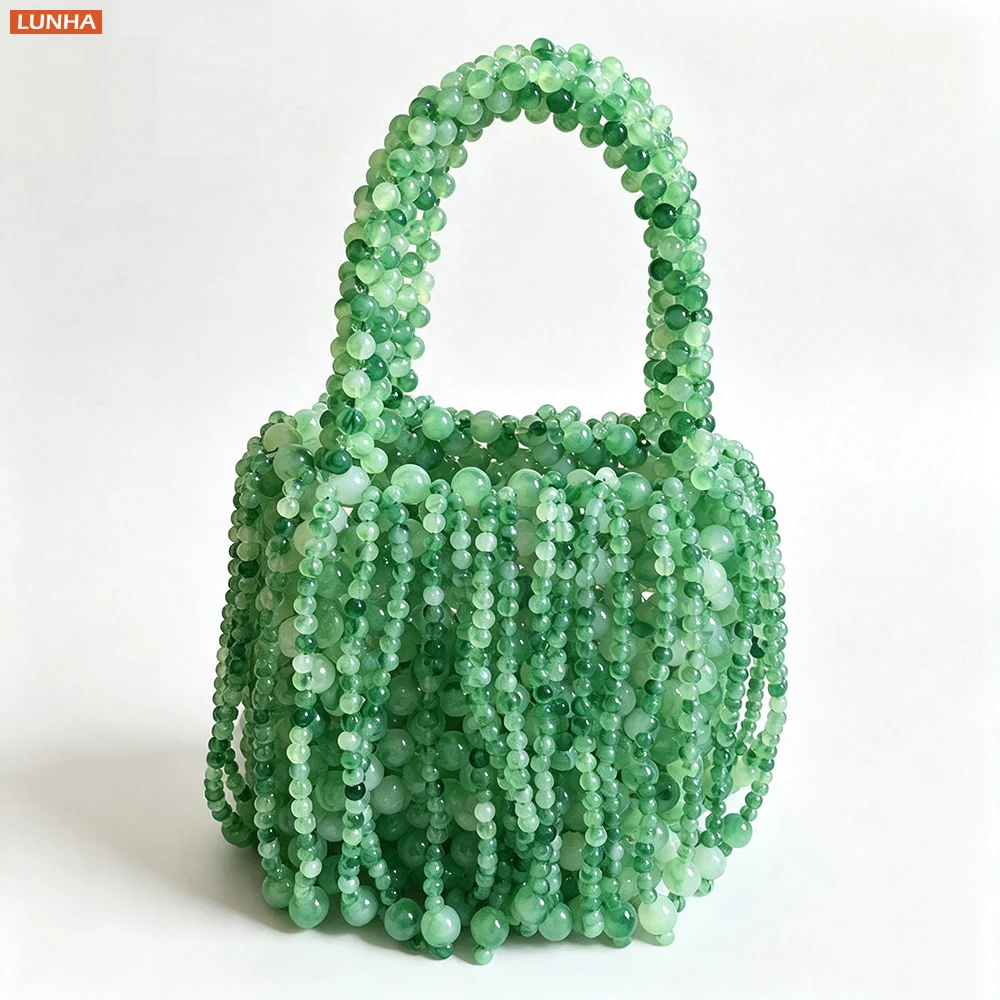 Luxury Fringe Beaded Mini Evening Handbag Handcrafted Acrylic Bead Bucket Banquet Clutch Bag for Women Wedding Prom Party