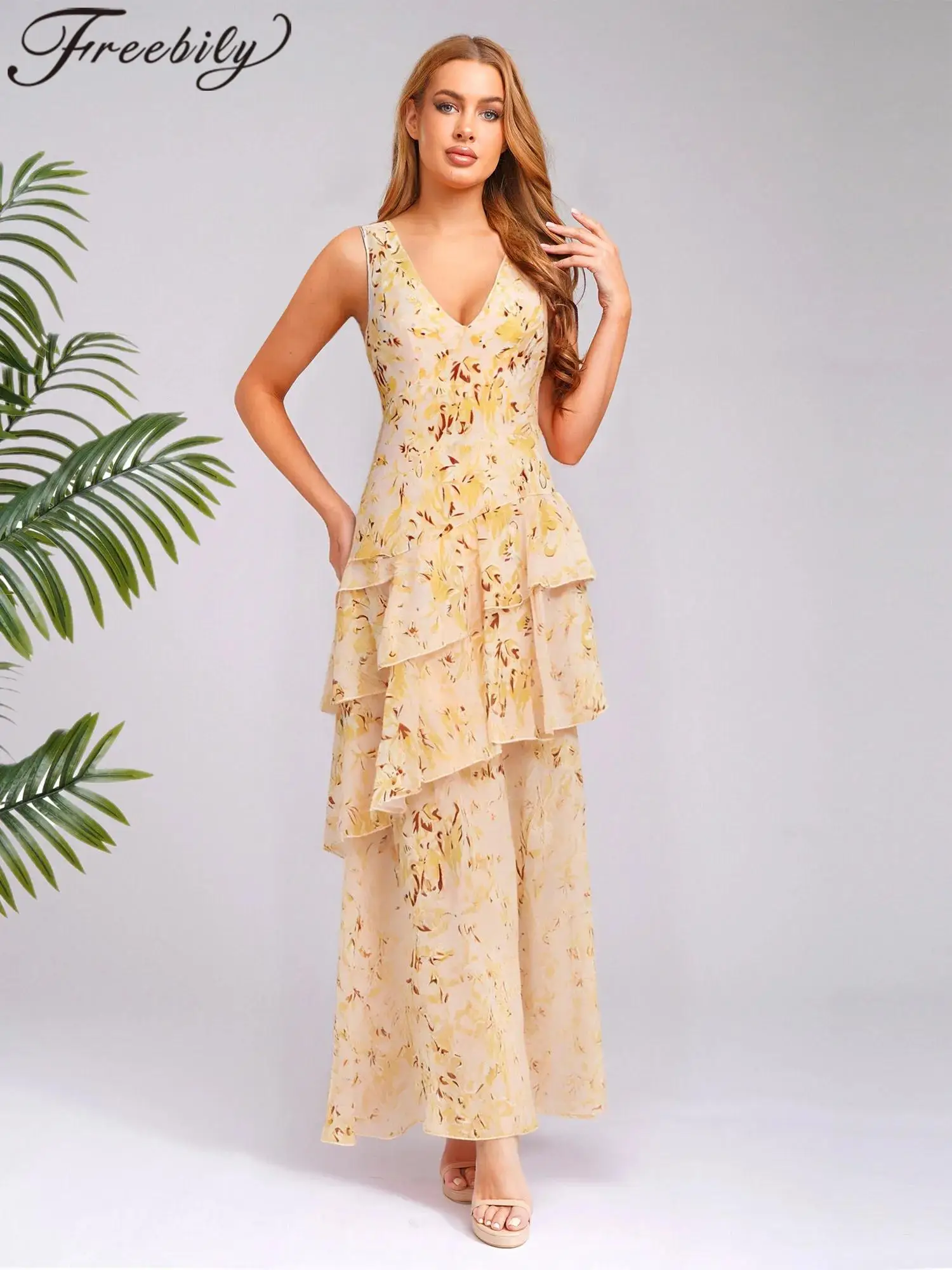 Womens Sleeveless Floral Dresses Open Back Boho Print Sundress V Neck Chiffon Maxi Dress Beachwear Holiday Casual Summer Dress