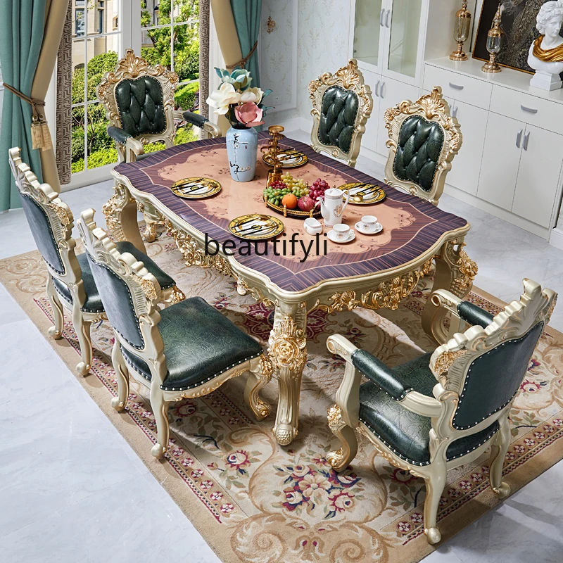 

European marble dining table, American luxury, square table full wood carving flower 1.6 meters champagne gold dining table