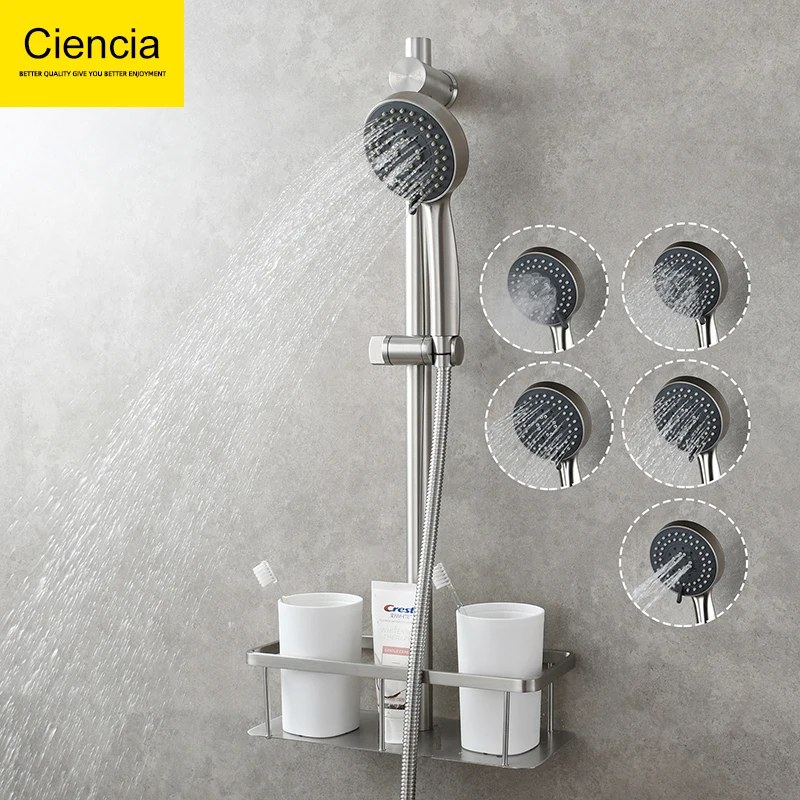 

Ciencia Stainless Steel Bathroom Shower Set Drilling Shower Sliding Bar with Handheld Shower Head Shower Hose and Storage Basket