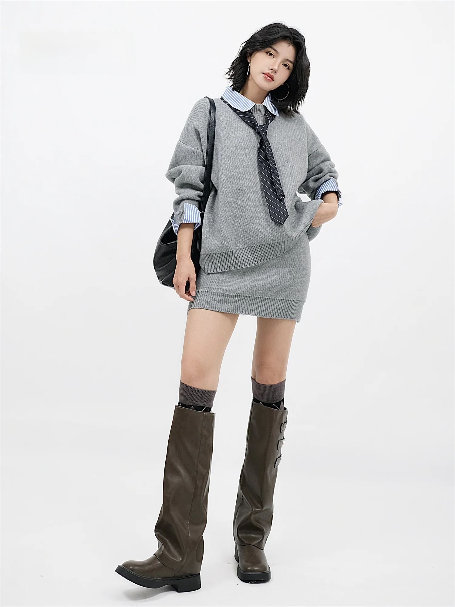 

Вязаный комплект из свитера и юбки для женщин: повседневный, теплый, зимний, модный, свободного кроя, с юбкой на высокой талии