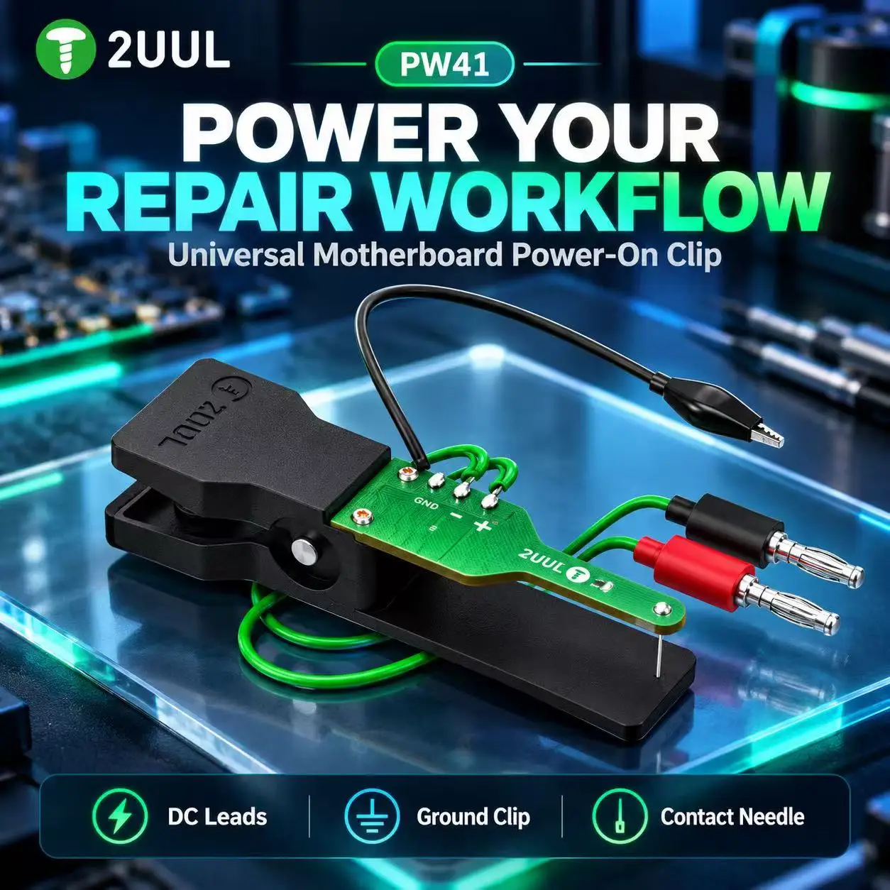 2UUL PW41 Power Clip for Phone Motherboard Testing DC Banana Plug Leads Ground Cable Compact PCB Repair Tool with Contact Needle