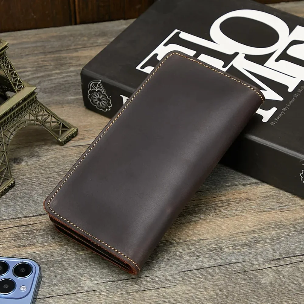 Men's Long Wallet Crazy Horse Genuine Leather Purse Retro Handmade Large Capacity Multi Card Slots Clutch Bag for Men