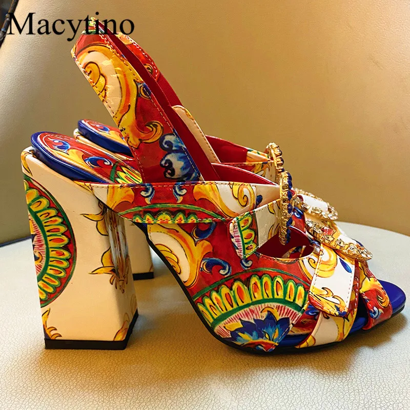 

Print Design Ladies High Heel Sandals Round Toe Chunky Heel High Heel Sandals Fashion Style High Heel Sandals