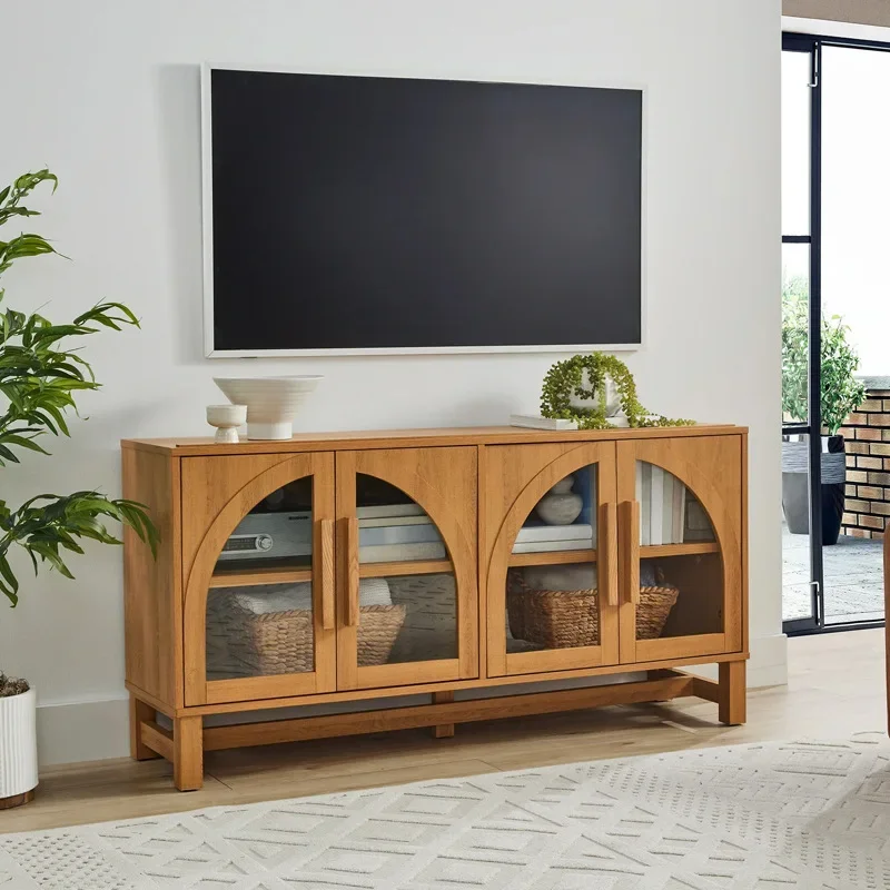 Safe French Retro Solid Wood Dining Side Cabinet Medium Antique Log Color Glass TV Cabinet