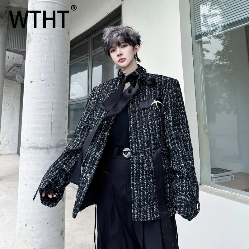 

WTHT модные мужские пальто с металлическим дизайном и лентой, модные однобортные куртки с воротником-стойкой, мужские куртки, осень 202, 2A1704