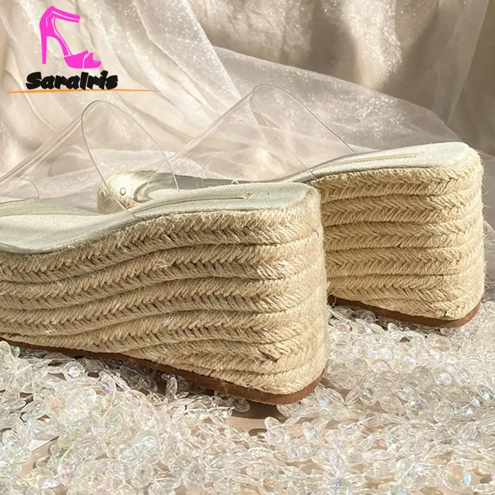 Rope Sole Chunky Wedge Slippers For Women Summer 2023 Hot Fashion Ladies Strap Straw Comfy Walking Sandal Slippers Plus Size