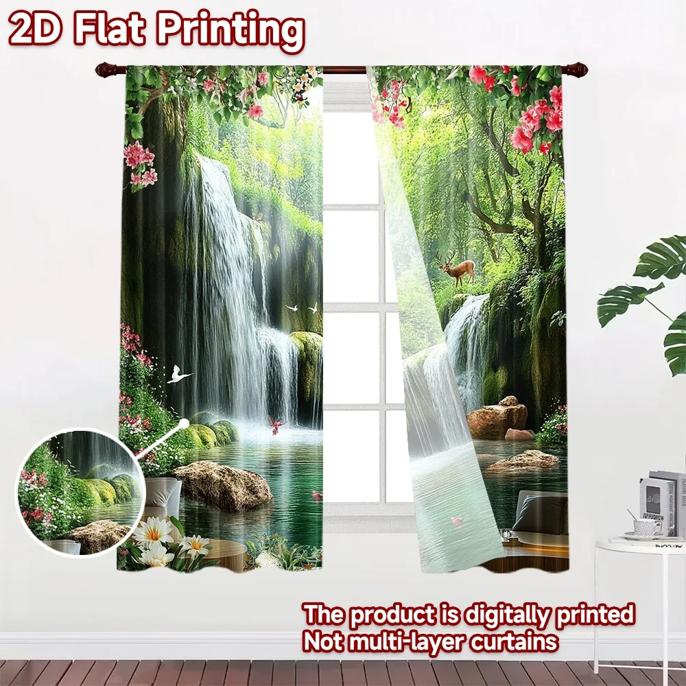 2D flat 2pcs Curtain Home Short Curtains Forest Waterfall Deer Scene Durable polyester fiber Festive Holiday Use for Booths