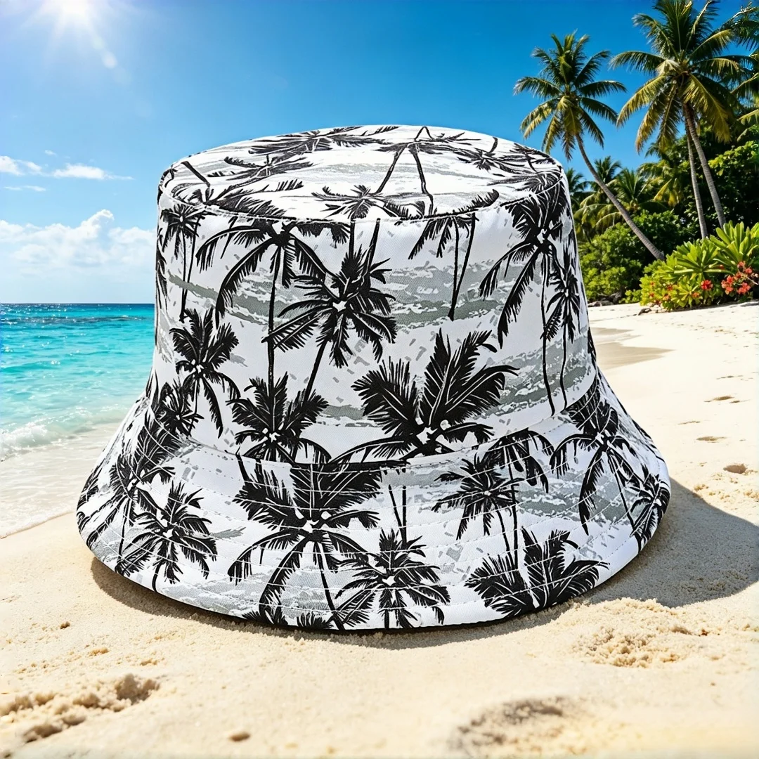 Tropical Coconut Tree Print Bucket Hat Men Women Summer Beach Sun Hat Foldable Reversible Fisherman Cap Outdoor Travel Vacation