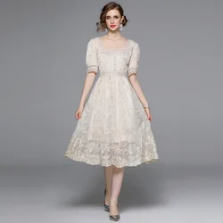 Runway Flower Embroidery White Lace Prom Dresses Women 2024 Summer Short Sleeve Fashion Sweet Midi Long Dress Female New Style