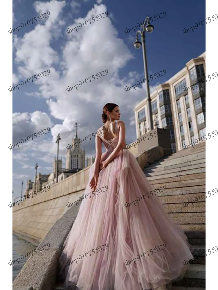 Vestido De noche Rosa abombado sin mangas Para Mujer, cuello en V, encaje hasta el suelo, lentejuelas De lujo, Vestidos De Fiesta Elegantes Para Mujer