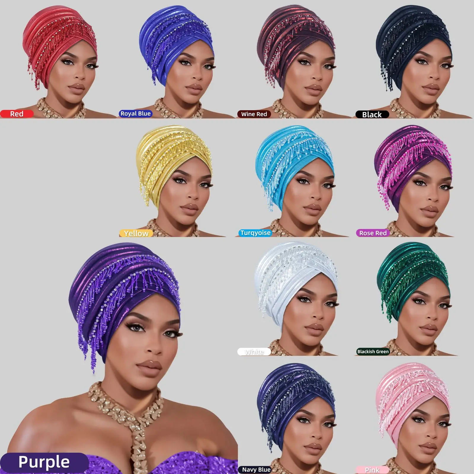 Elegant Afrcian Auto Gele Headtie Female Head Wraps Bonnet Turbante Mujer Beaded Tassels Turban Cap for Women Muslim Hijab Hat