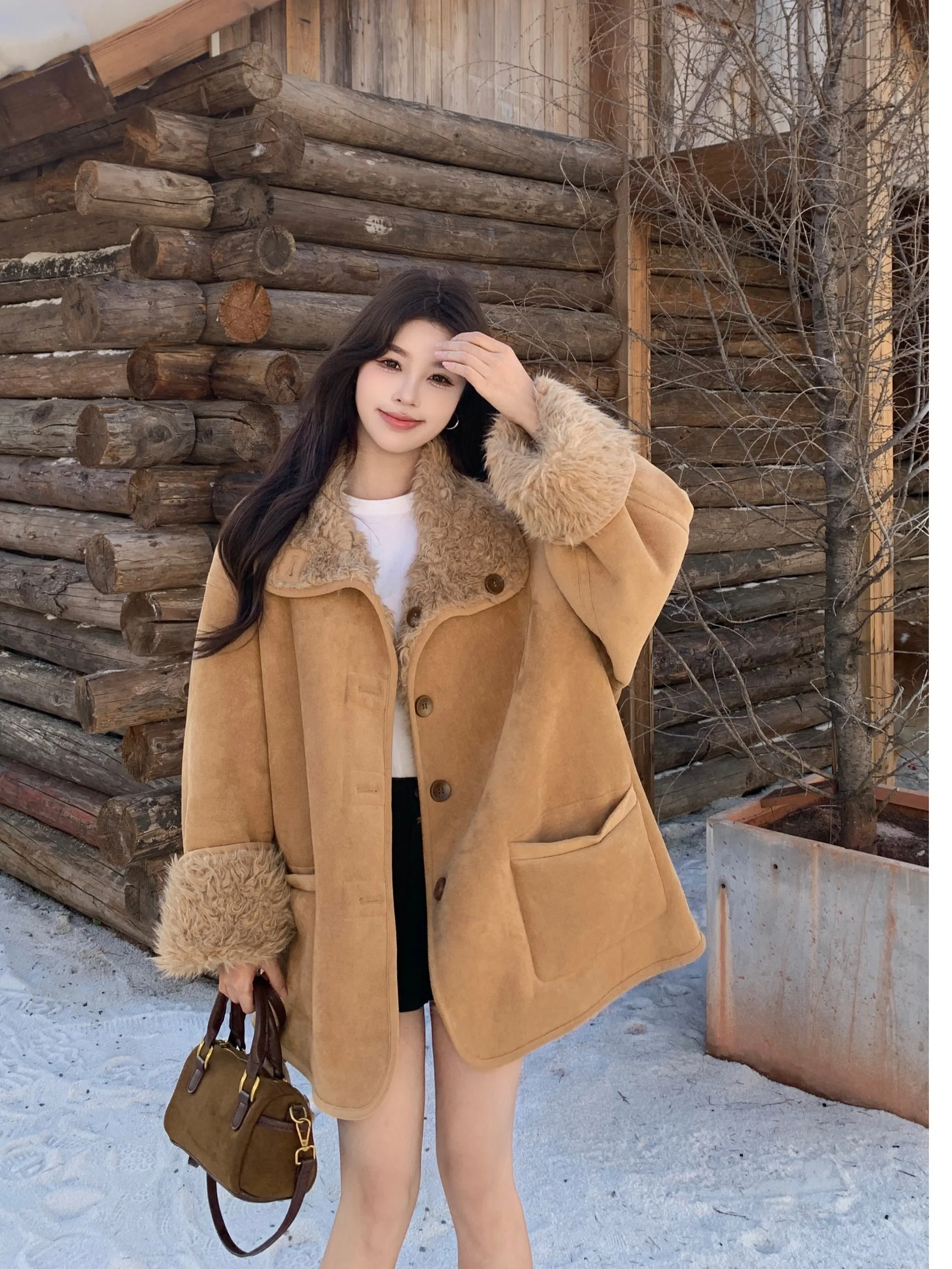 

plus Size Women's Retro Khaki Loose Lamb Fur ort Jaet Winter Thi Warm Plu Top High Waist Korean Sle Long Sve Coat