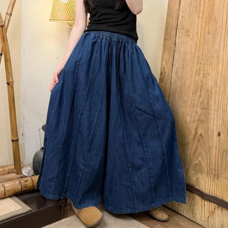 

2025 Spring Summer Arts Style Women Elastic Waist Loose Cotton Denim Pants Vintage Spliced Design Wide Leg Jeans